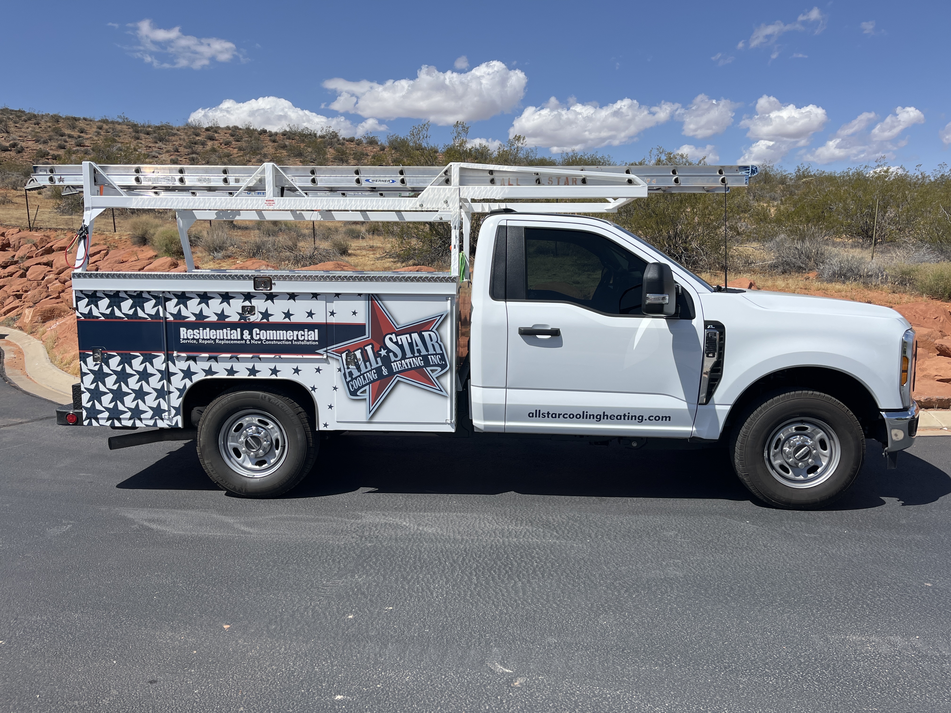 All Star Cooling & Heating service truck with utility body and ladder rack